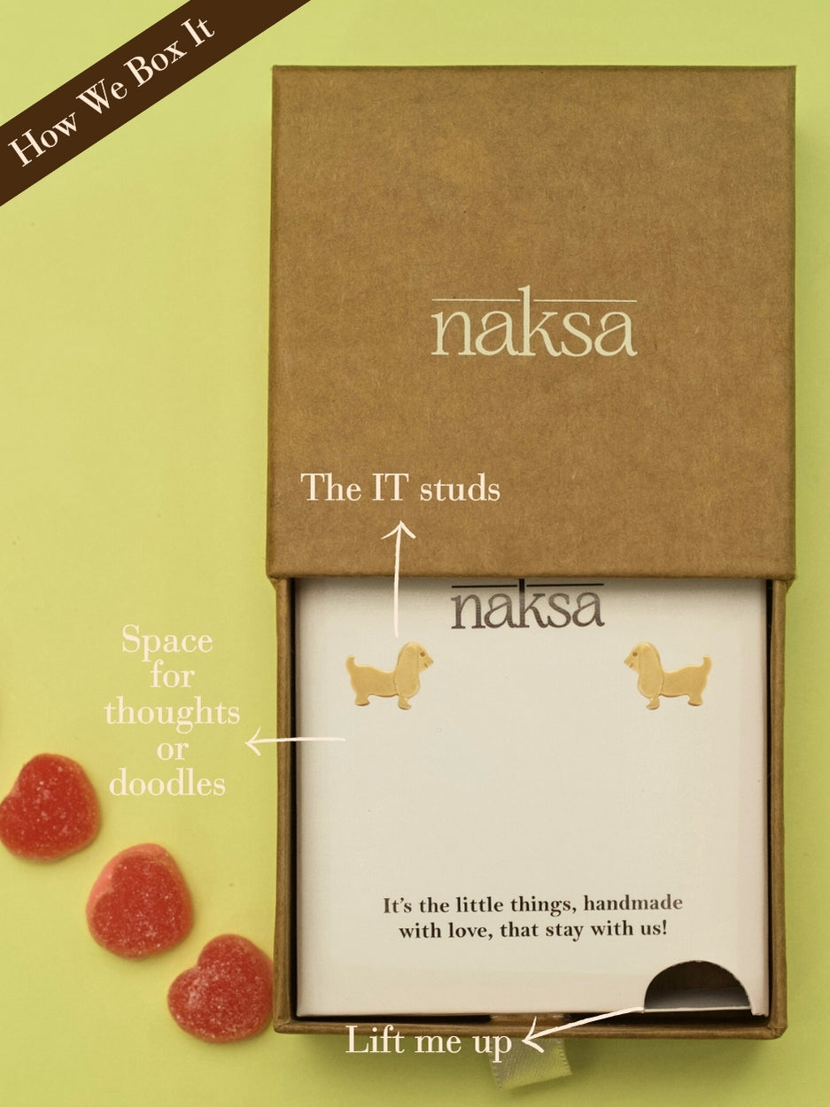 Golden Goodbois Studs by Naksaāmatte gold dog-shaped 925 silver earrings with floppy ears and tail, handmade for pet lovers.