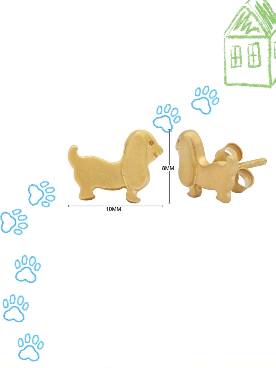 Golden Goodbois Studs by Naksaāmatte gold dog-shaped 925 silver earrings with floppy ears and tail, handmade for pet lovers.