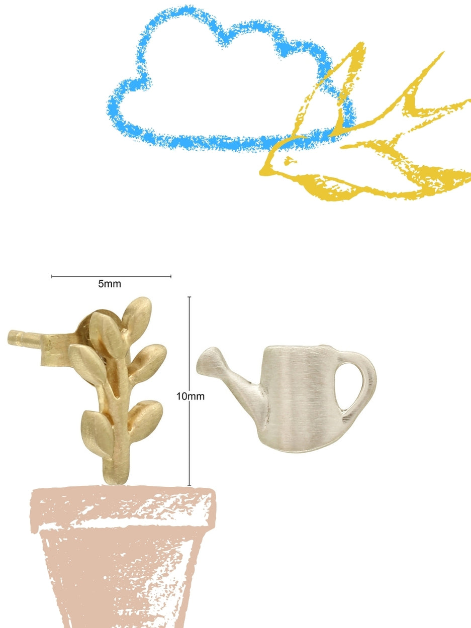 Rooting for You Studs by Naksa—mismatched earrings in 925 silver with gold stem and silver watering can design, perfect for plant lovers or gifting.