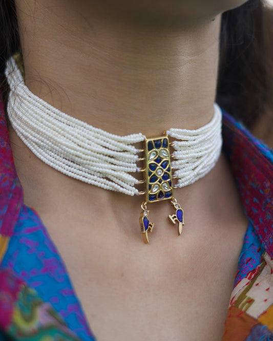925 silver pearl choker with gold polish, blue enamel and kundan-style floral centre, featuring two small bird charms