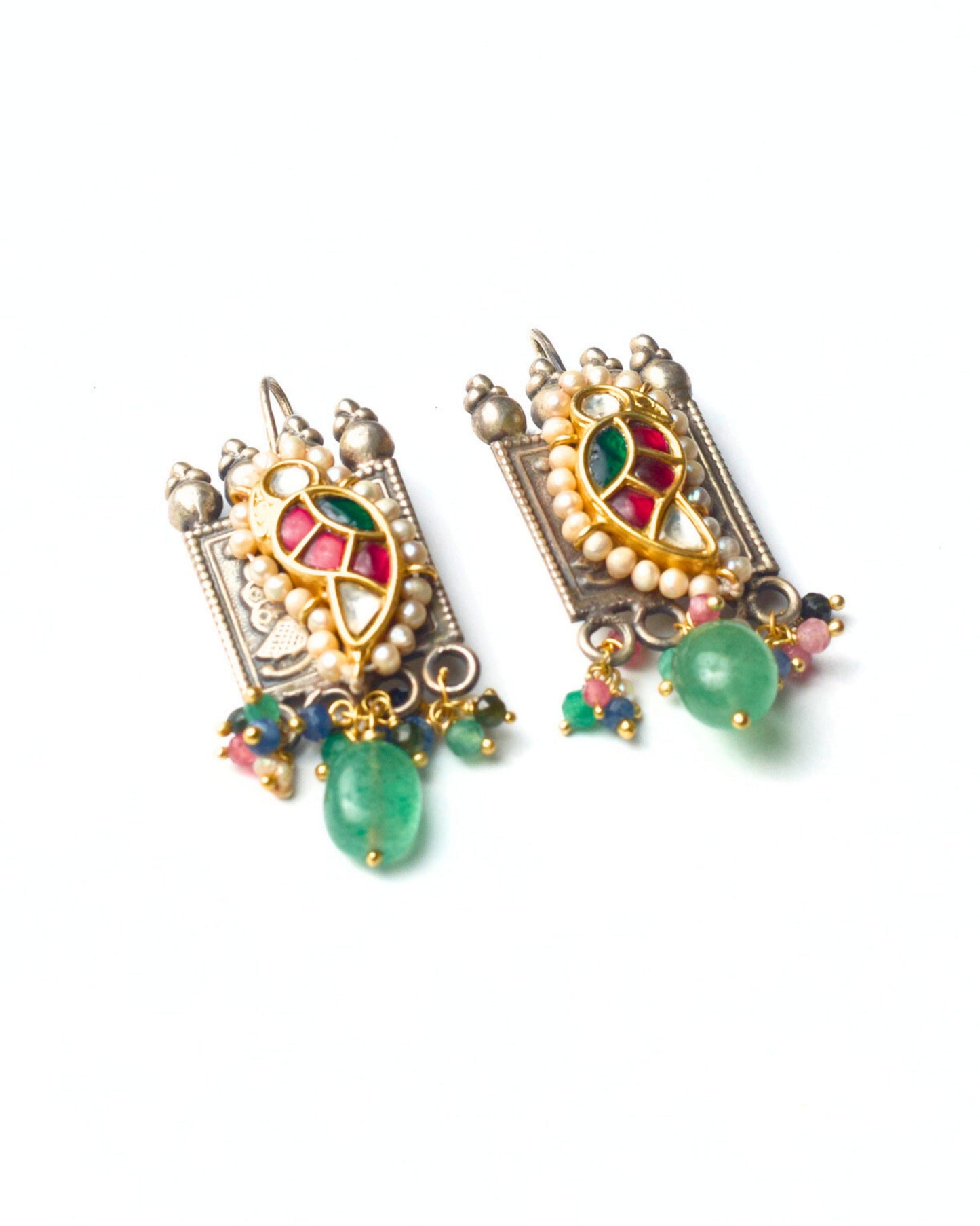 Side profile of Windowpane Bird Earrings in 925 silver highlighting layered pearl frame and hanging green drop – fusion silver jewellery