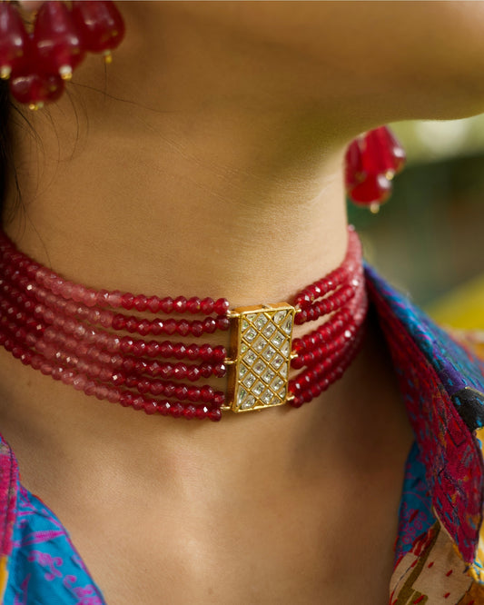 925 silver gold-polished red multi-strand choker with kundan lattice rectangular clasp and faceted crimson beads