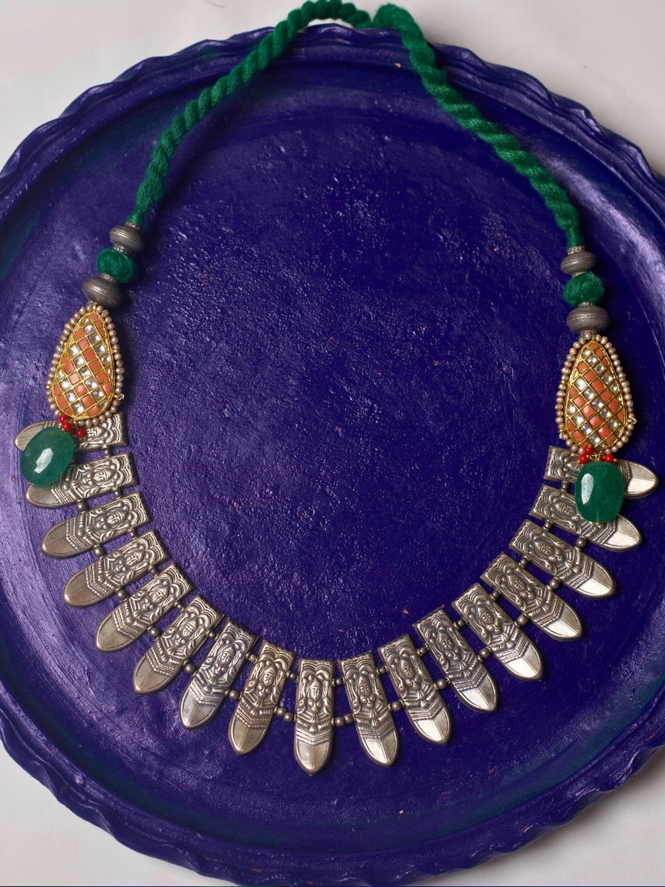 Form of the Feminine Necklace – 92.5 silver sculpted goddess face necklace with peach kundan, green stone drops, and adjustable thread dori