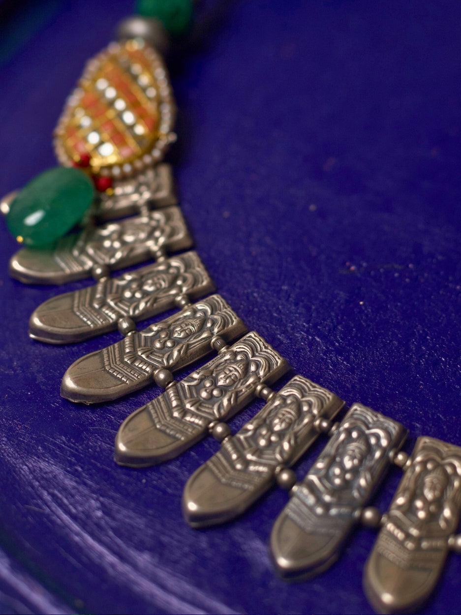 Form of the Feminine Necklace – 92.5 silver sculpted goddess face necklace with peach kundan, green stone drops, and adjustable thread dori