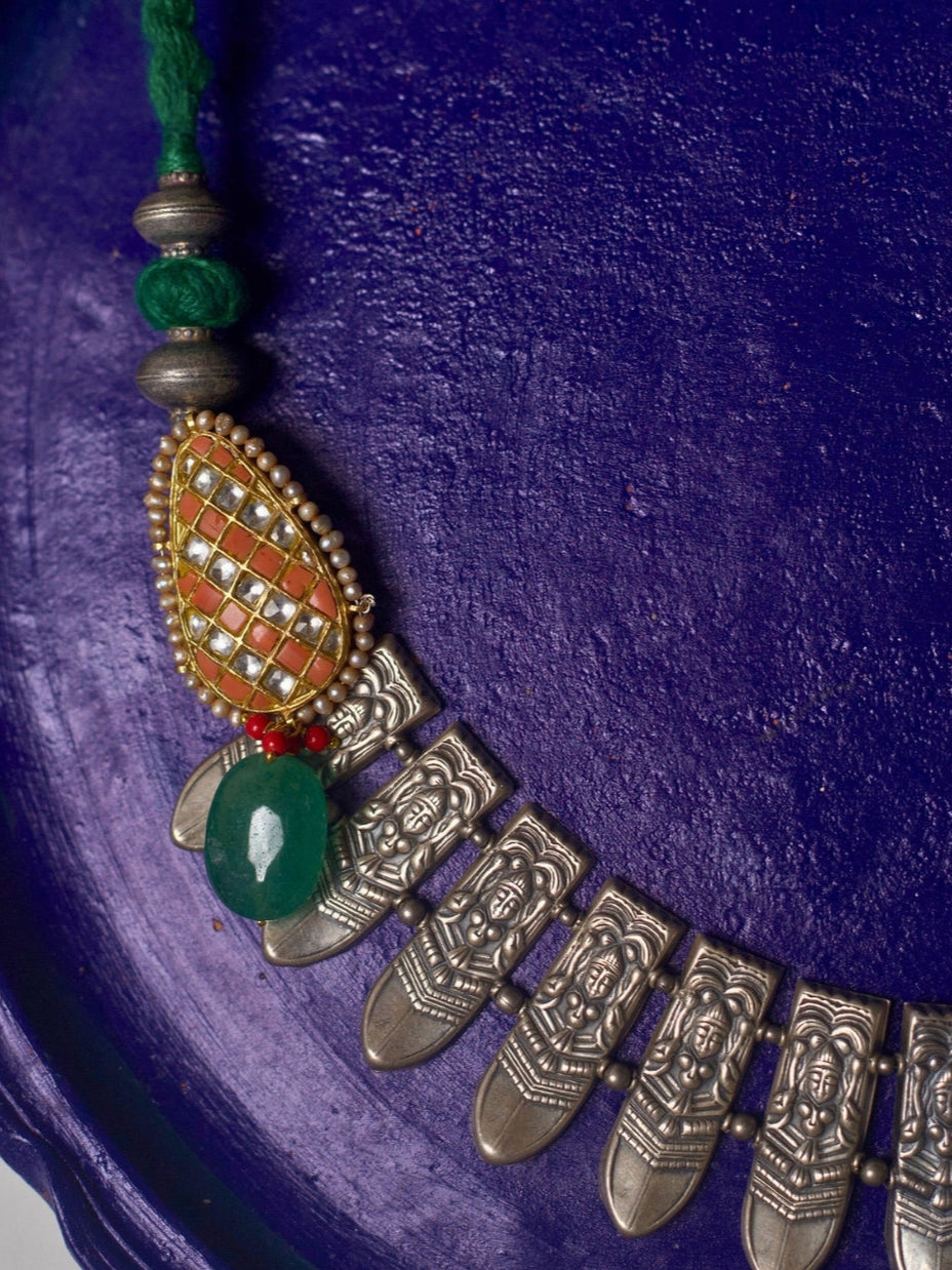 Form of the Feminine Necklace – 92.5 silver sculpted goddess face necklace with peach kundan, green stone drops, and adjustable thread dori
