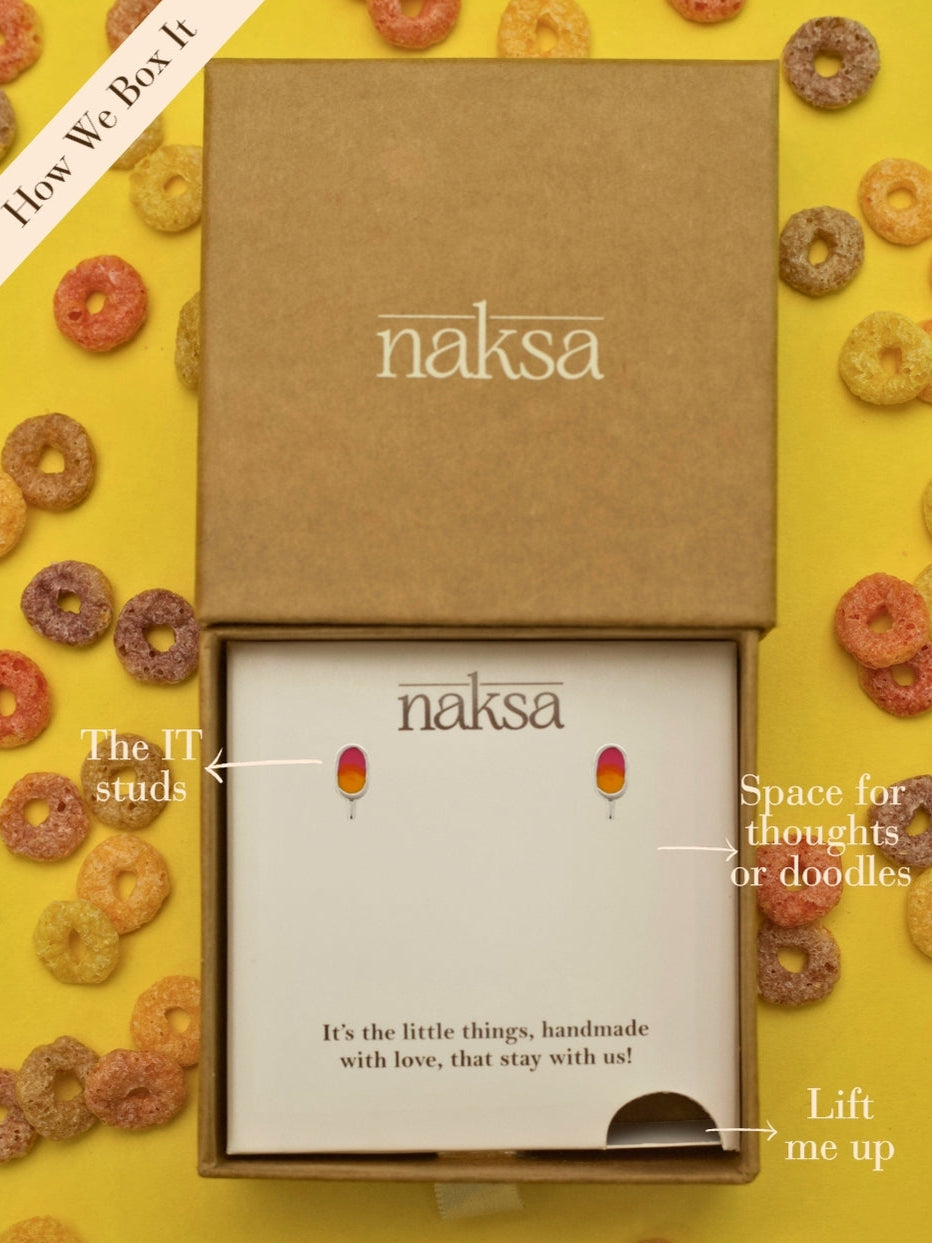 Sweet Slurprise Studs by Naksa—fun popsicle-shaped earrings in pink and orange enamel on 92.5 silver, inspired by summer slush and chuski love.