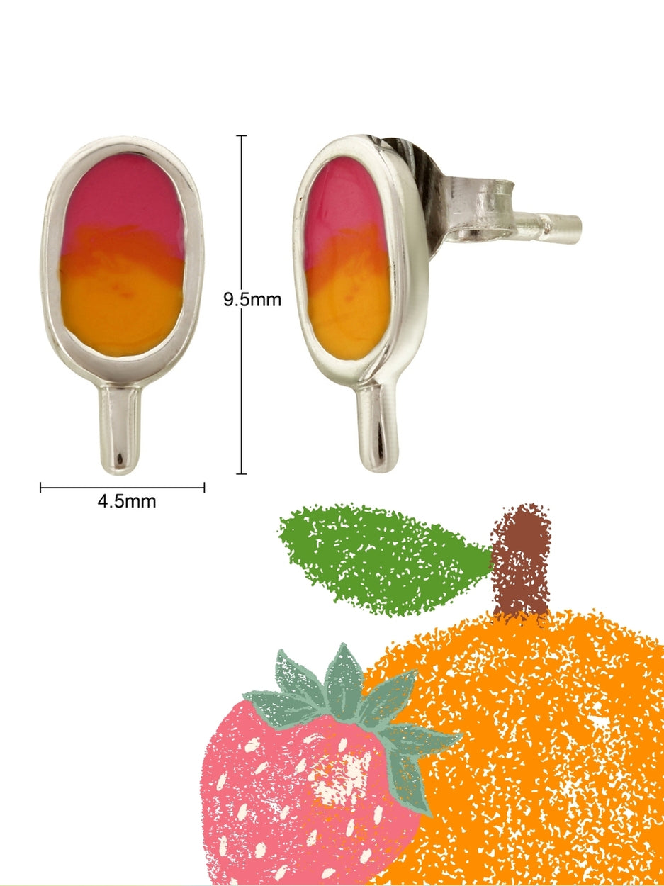 Sweet Slurprise Studs by Naksa—fun popsicle-shaped earrings in pink and orange enamel on 92.5 silver, inspired by summer slush and chuski love.
