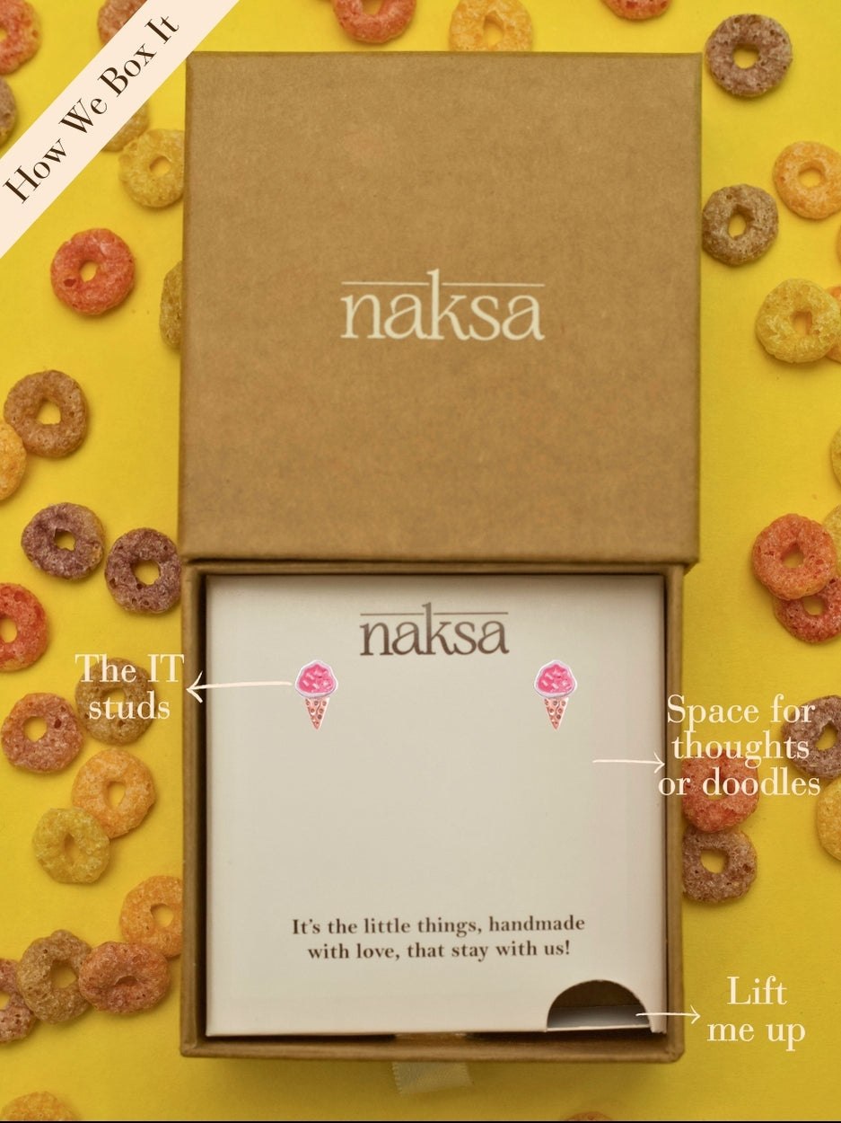 Sugar Rush Studs by Naksaāmini pink ice cream cone earrings in 92.5 silver with enamel finish, perfect for sweet gifting or fun wear.