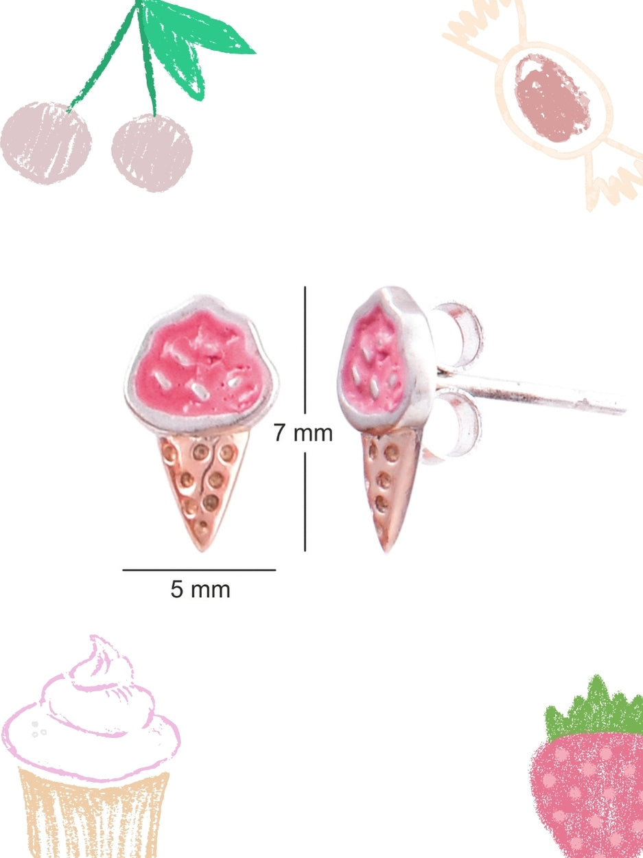 Sugar Rush Studs by Naksaāmini pink ice cream cone earrings in 92.5 silver with enamel finish, perfect for sweet gifting or fun wear.