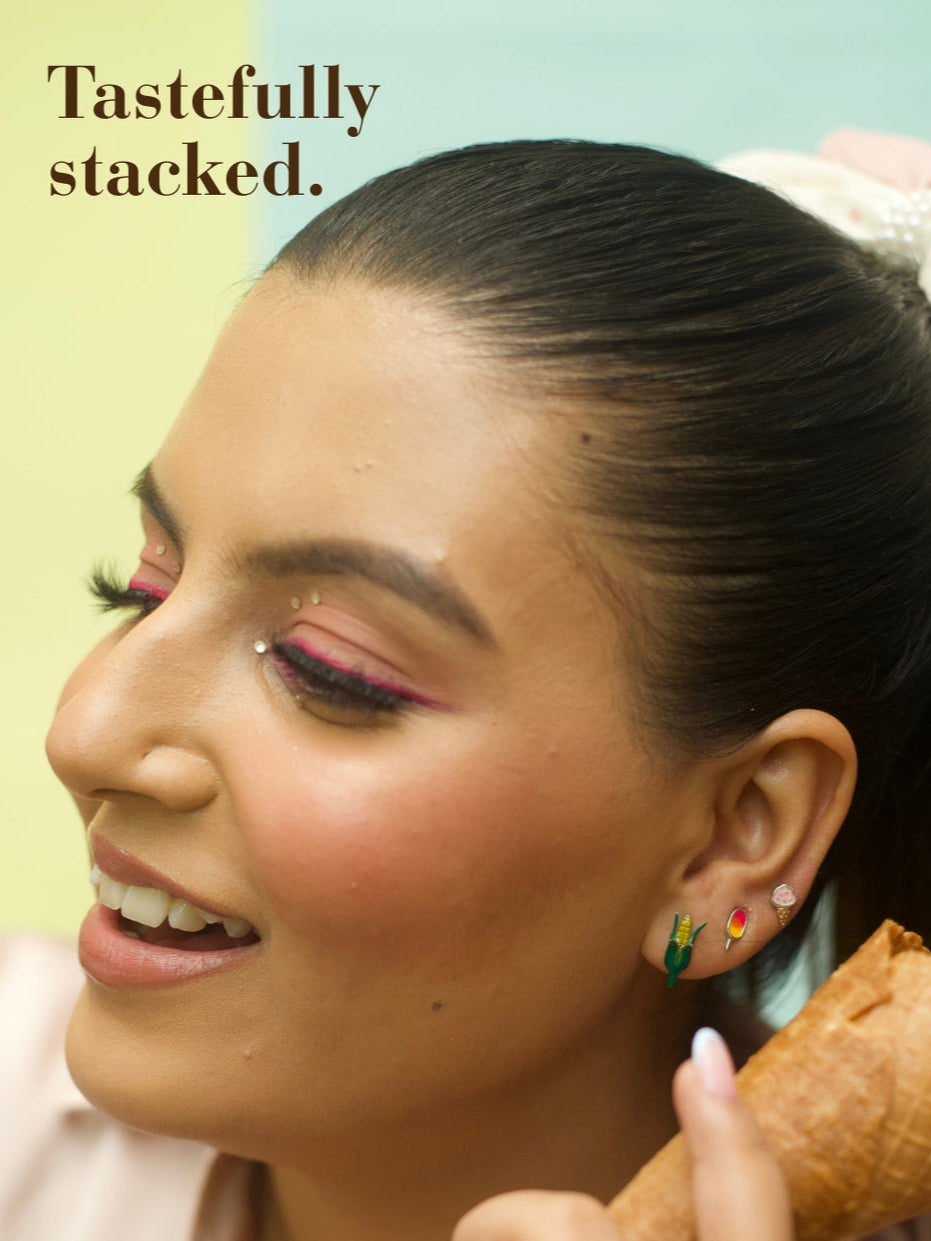 Sugar Rush Studs by Naksaāmini pink ice cream cone earrings in 92.5 silver with enamel finish, perfect for sweet gifting or fun wear.