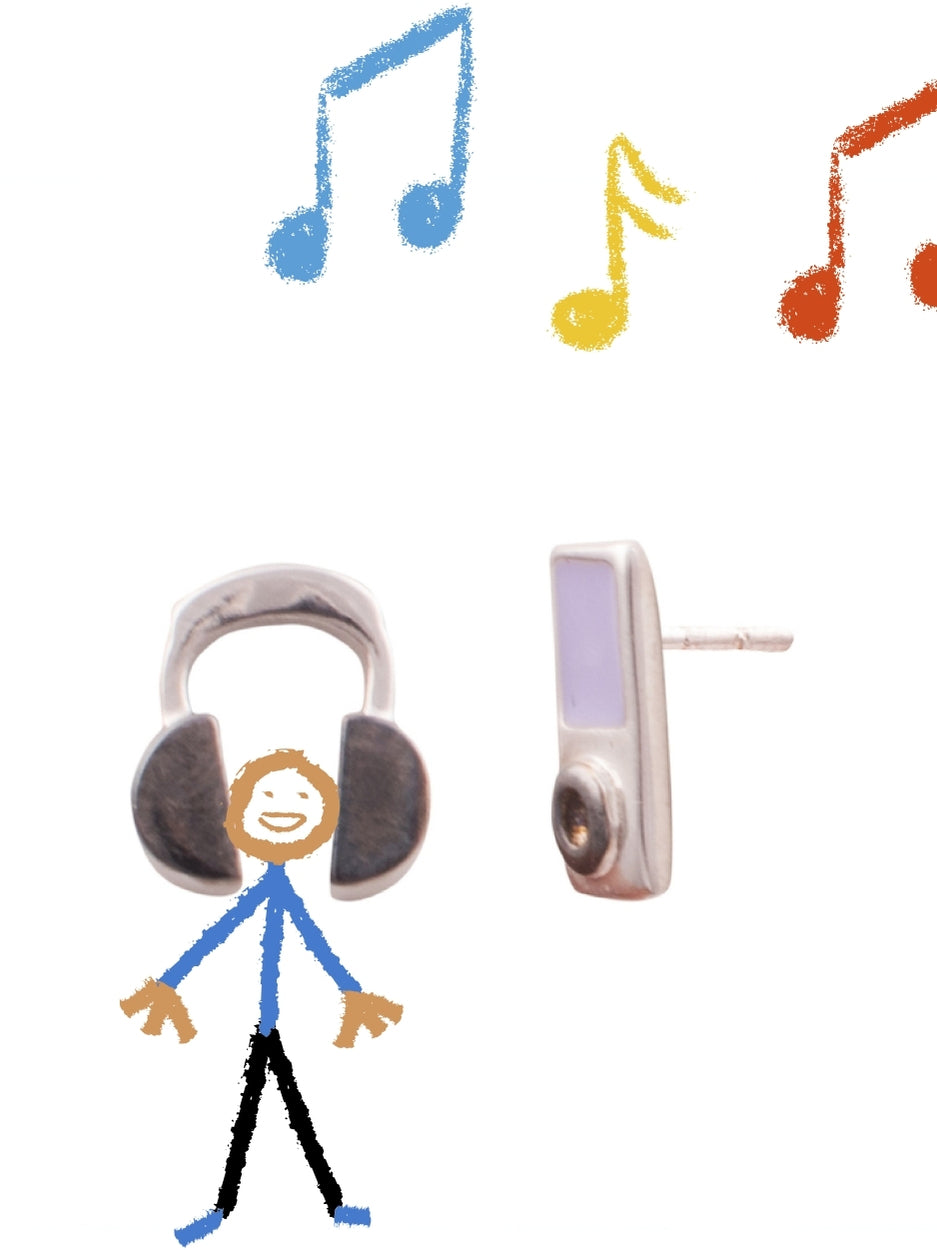 OG Shuffle Studs by Naksaâmismatched 925 silver earrings with enamel music player and headphone motifs, perfect for retro playlist lovers.