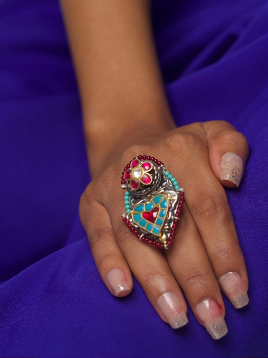 Handcrafted 92.5 silver ring with red and turquoise enamel mosaic heart, floral kundan detail, and beaded accents – Hearts & Halos Ring by Naksa.