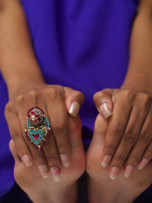 Handcrafted 92.5 silver ring with red and turquoise enamel mosaic heart, floral kundan detail, and beaded accents – Hearts & Halos Ring by Naksa.