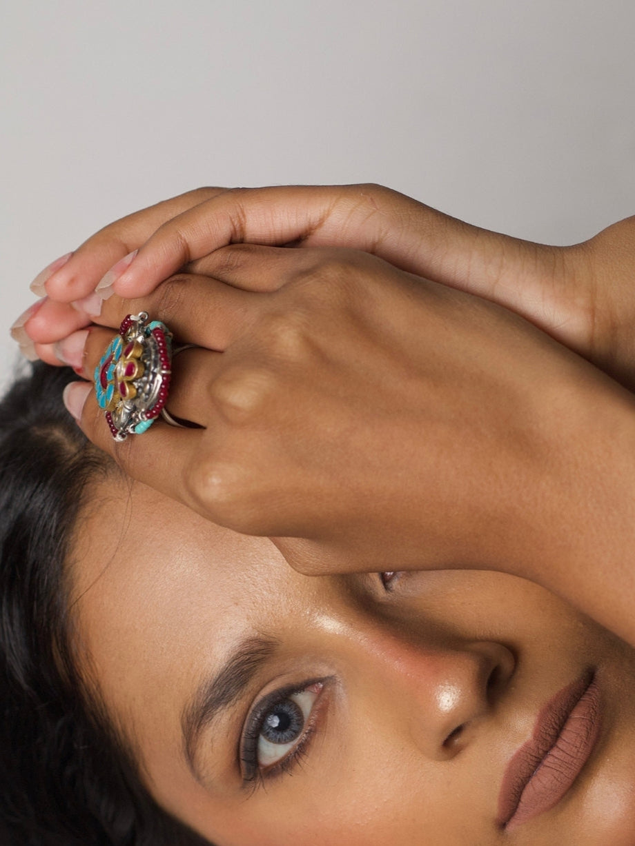 Handcrafted 92.5 silver ring with red and turquoise enamel mosaic heart, floral kundan detail, and beaded accents – Hearts & Halos Ring by Naksa.