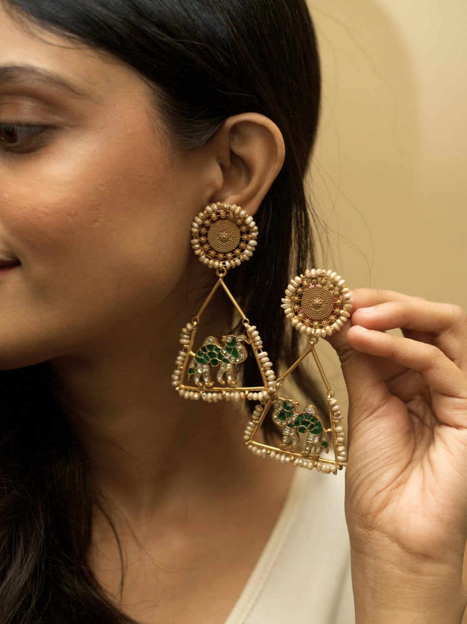 Safarnama Earrings – Hara by Naksa, pure 925 silver with gold polish, all green camel motif, triangular frame and pearls.