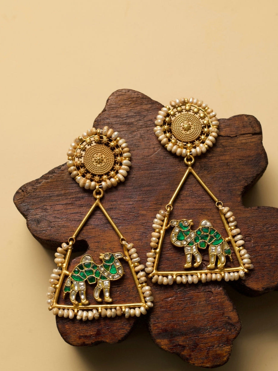 Safarnama Earrings – Hara by Naksa, pure 925 silver with gold polish, all green camel motif, triangular frame and pearls.