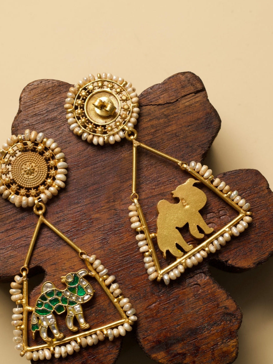 Safarnama Earrings – Hara by Naksa, pure 925 silver with gold polish, all green camel motif, triangular frame and pearls.