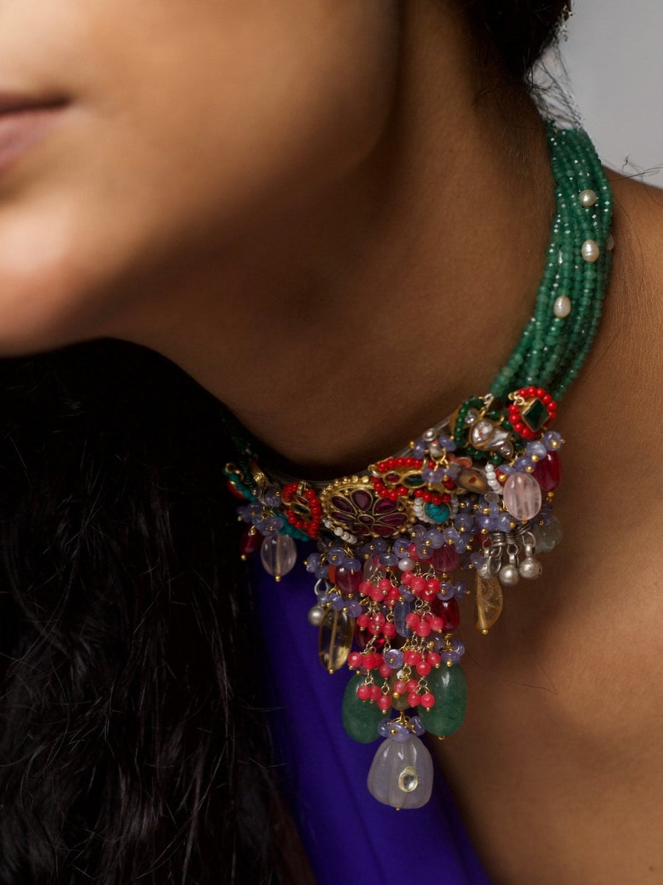 Maximalist pure 92.5 silver choker with green beaded strands and multicoloured gemstone cluster detailing β Naksa