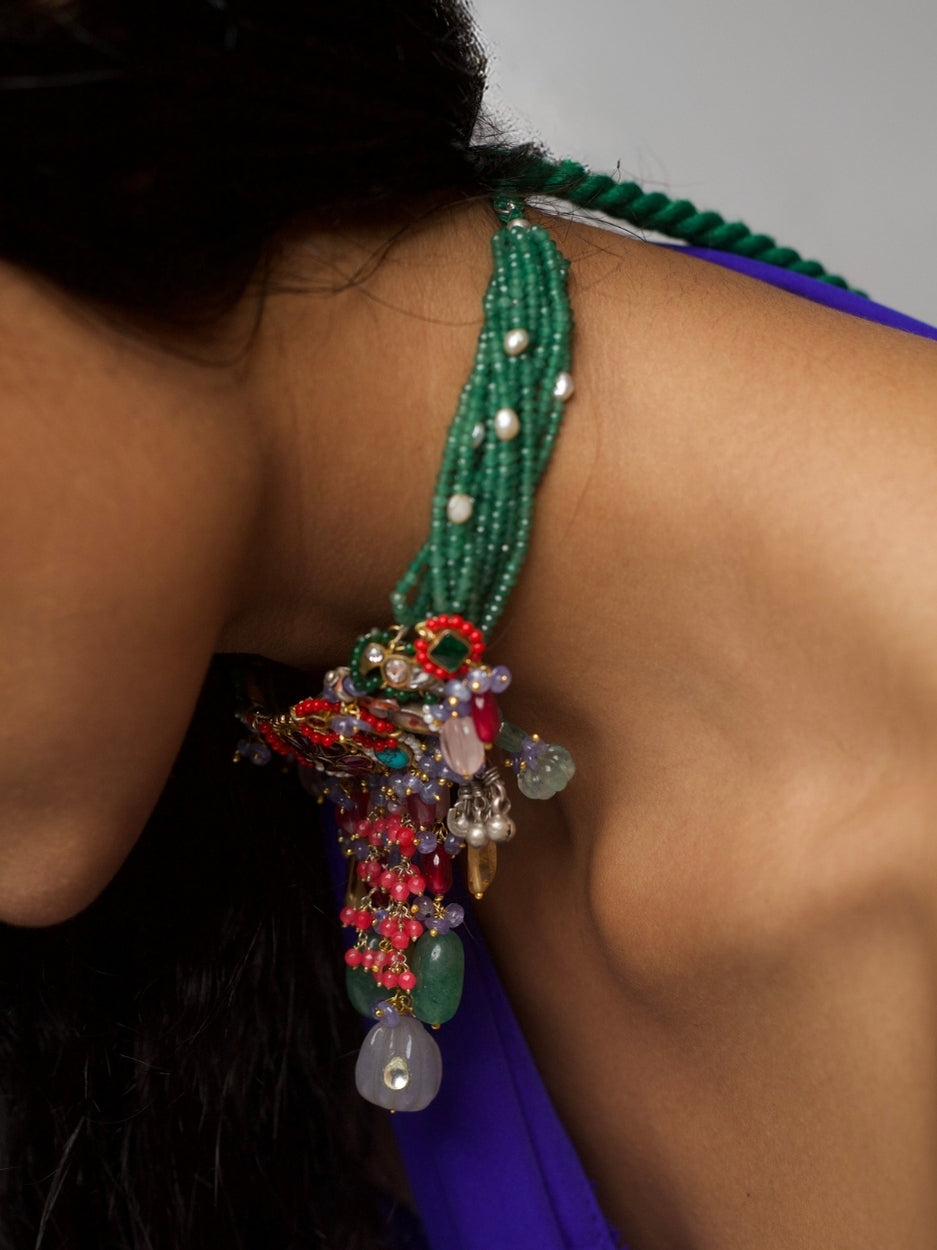Maximalist pure 92.5 silver choker with green beaded strands and multicoloured gemstone cluster detailing β Naksa