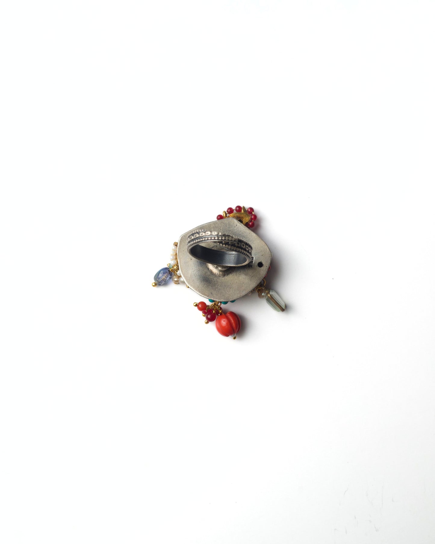 Back view of Aqua Birdcourt Ring in 925 silver with structured band and handcrafted cluster setting