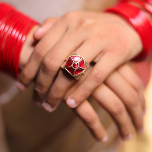 Delicate 925 silver floral ring with red stones, perfect for brides, bridesmaids, and versatile styling with Indian or western outfits.