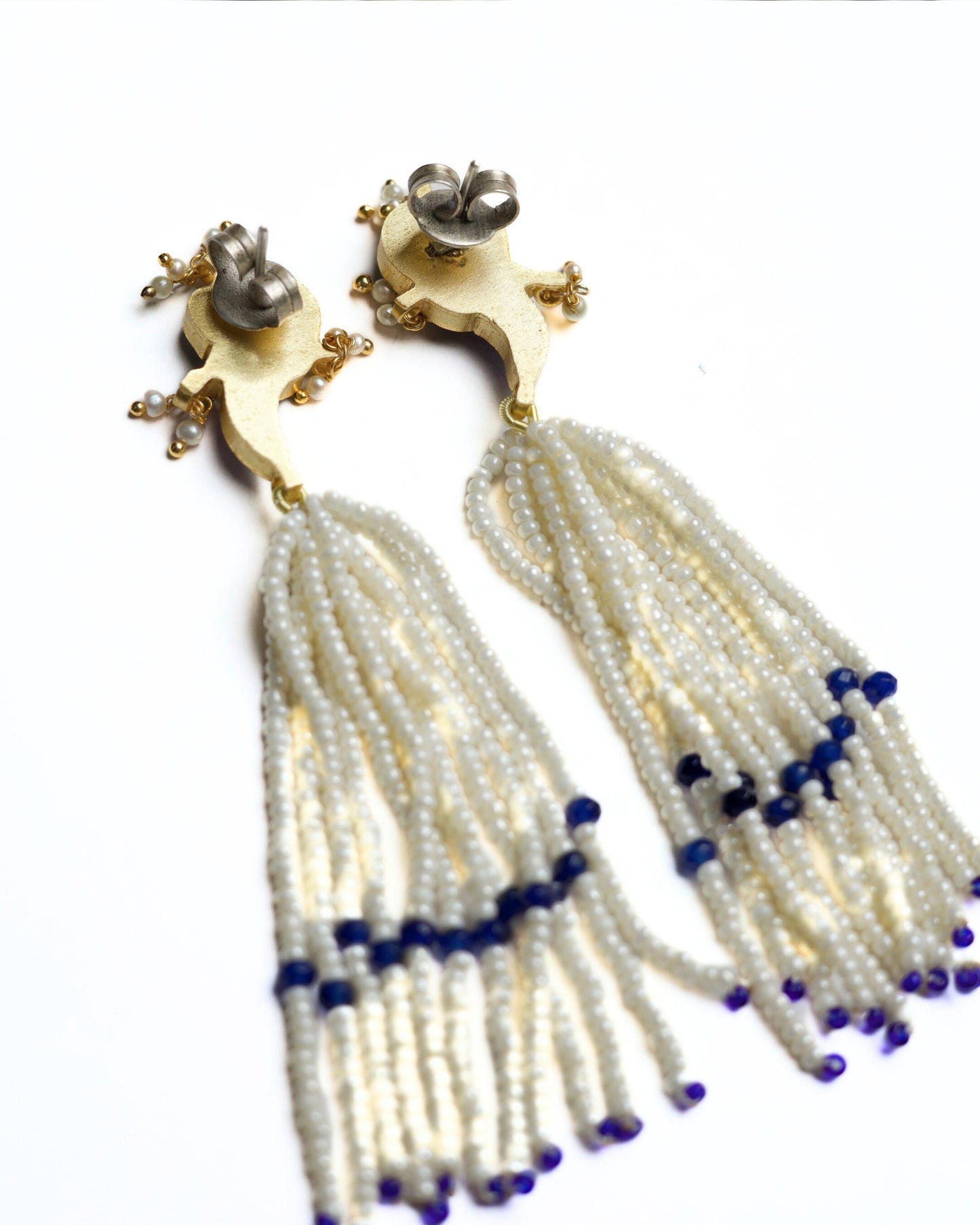 Statement pearl tassel earrings with cobalt bead accents