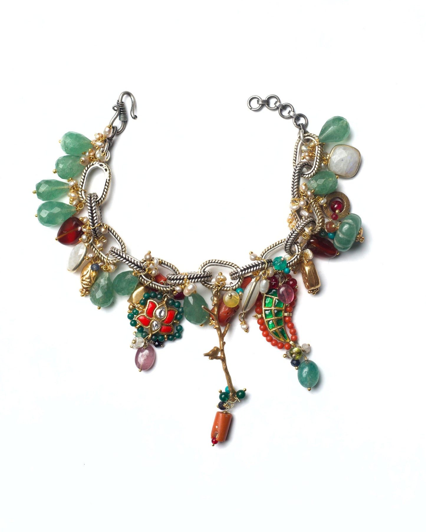 Convertible Link Bracelet in pure 925 silver with green stones, pearls, coral accents, and kundan charm detailing