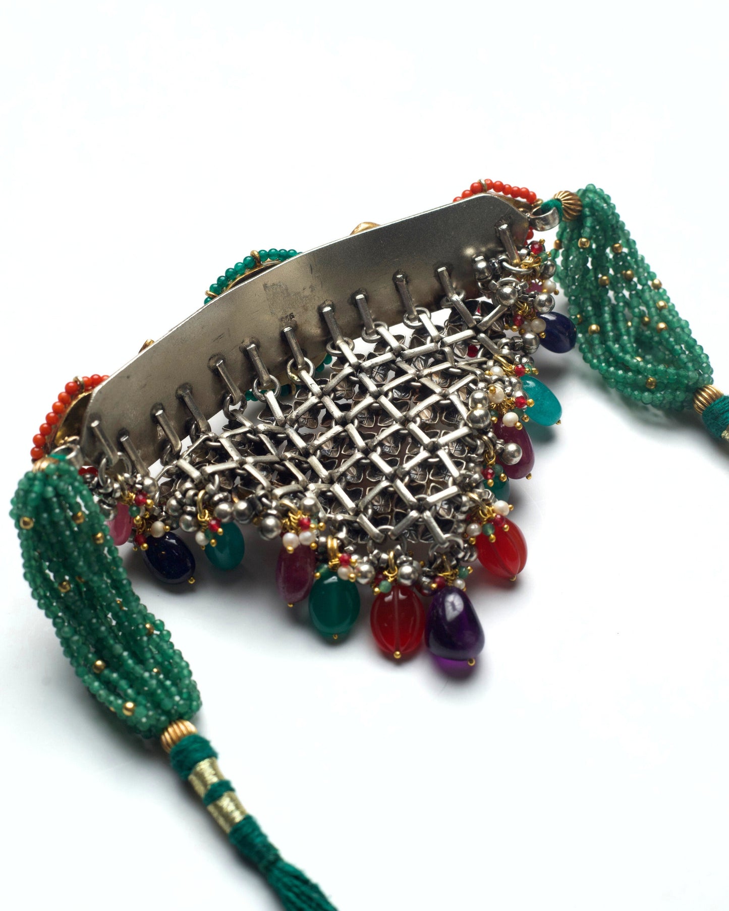 Back detailing of The Polychrome Baroque Choker with clustered multicolour stone drops