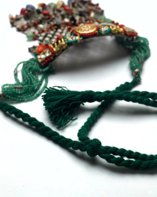 Back of oxidised lattice work and layered triangular drops with multicoloured stones on handcrafted fusion choker