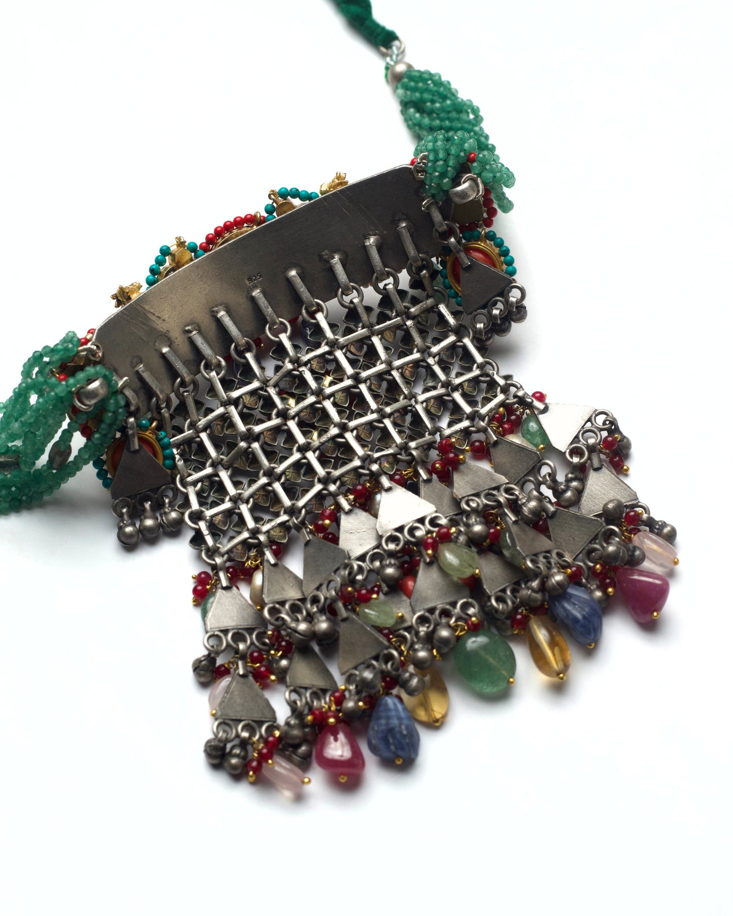 Back section of oxidised silver choker with fish kundan motif, triangular metal drops, and multicoloured stone bead detailing
