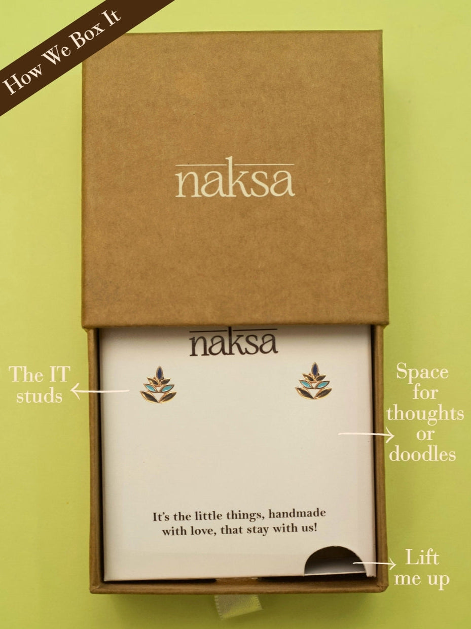 Phool Proof Studs by Naksa—stacked petal earrings in gold-polished 925 silver with turquoise and blue enamel accents.
