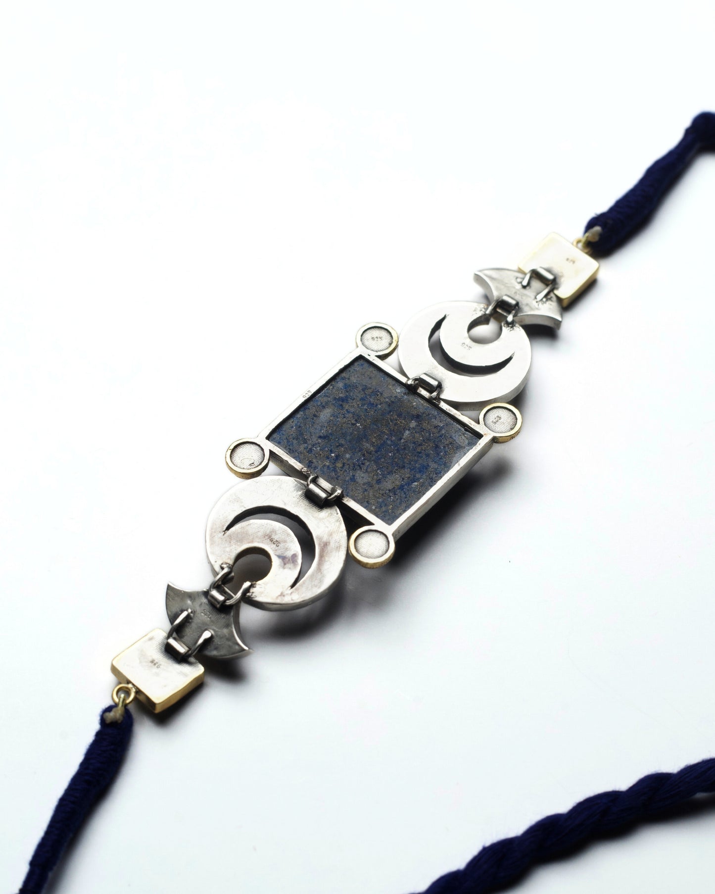 Back of architectural lapis panel choker in silver with crescent detailing