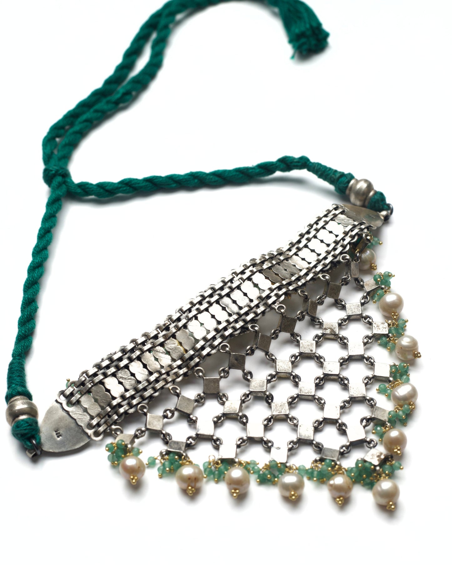 Back of statement fusion silver choker set with kundan and pearls