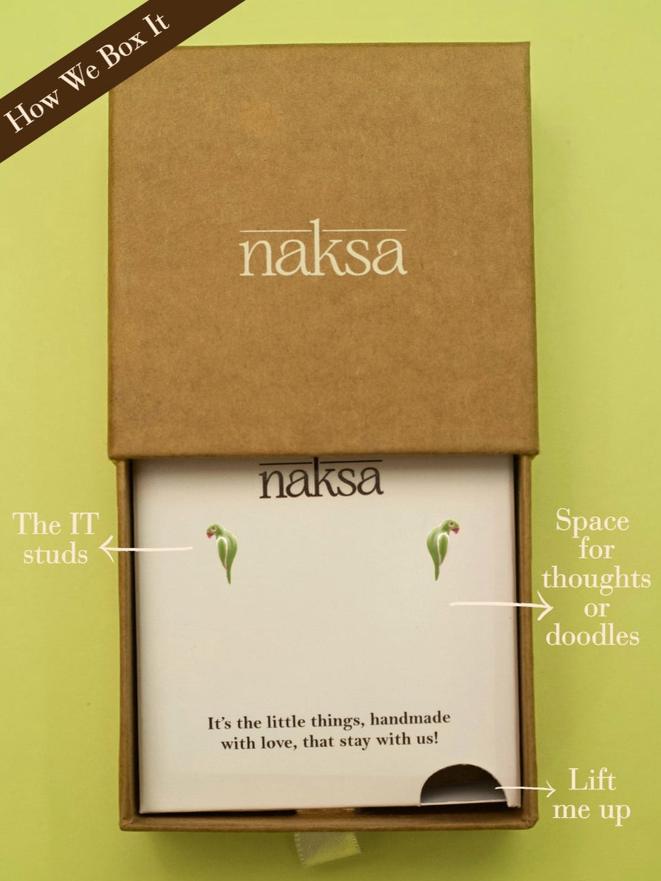 Totaa Maina Studs by Naksa—hand-enameled green parrot earrings crafted in pure 925 silver.