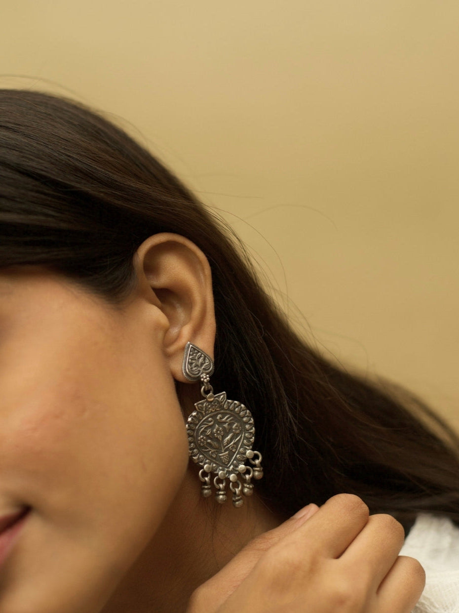Pure 925 Silver Banarasi Paan Earrings with Floral Carving and Gungroo Drops – Naksa