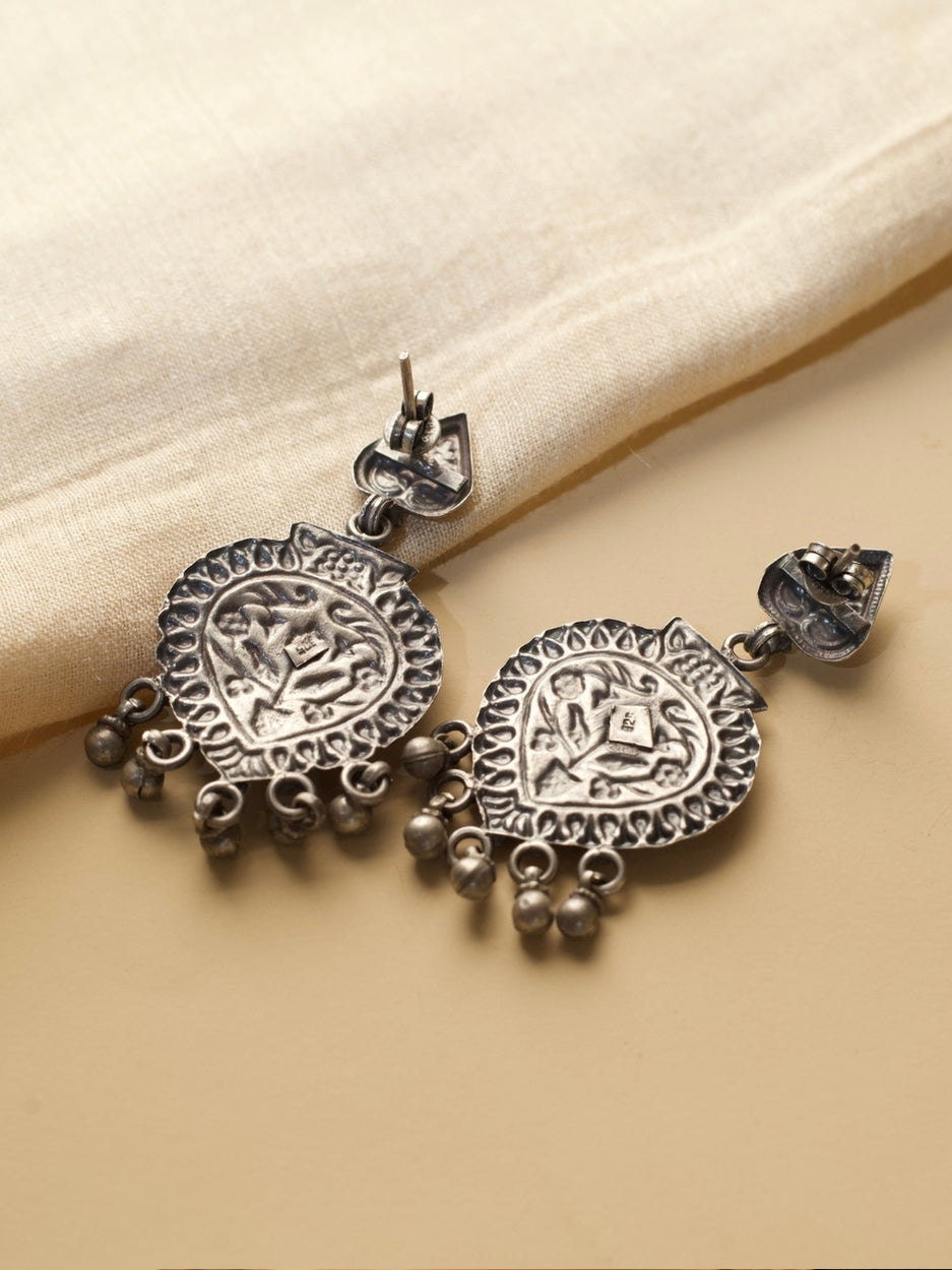 Pure 925 Silver Banarasi Paan Earrings with Floral Carving and Gungroo Drops – Naksa