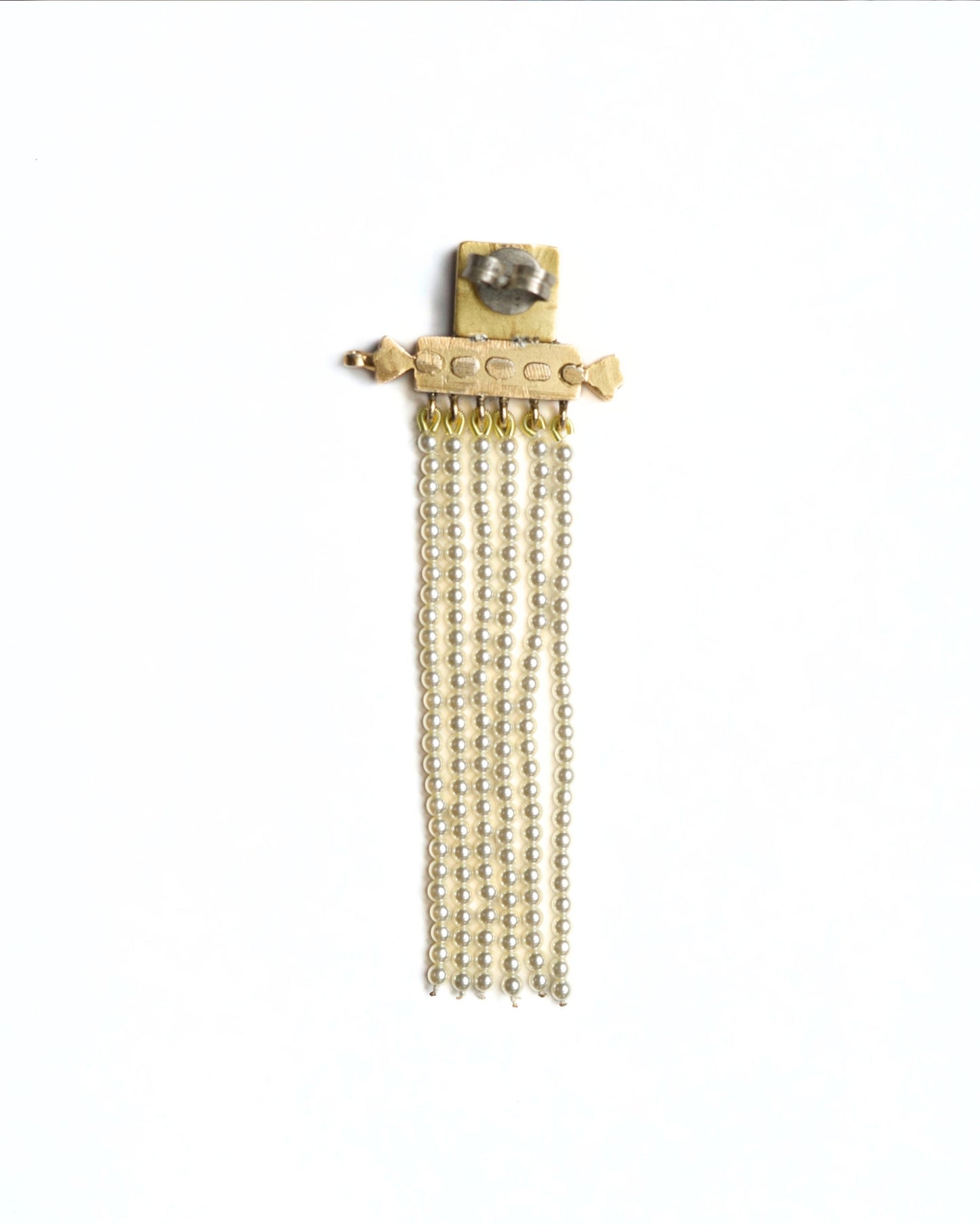 Gold-polished silver earrings with ruby detail and layered pearl chains