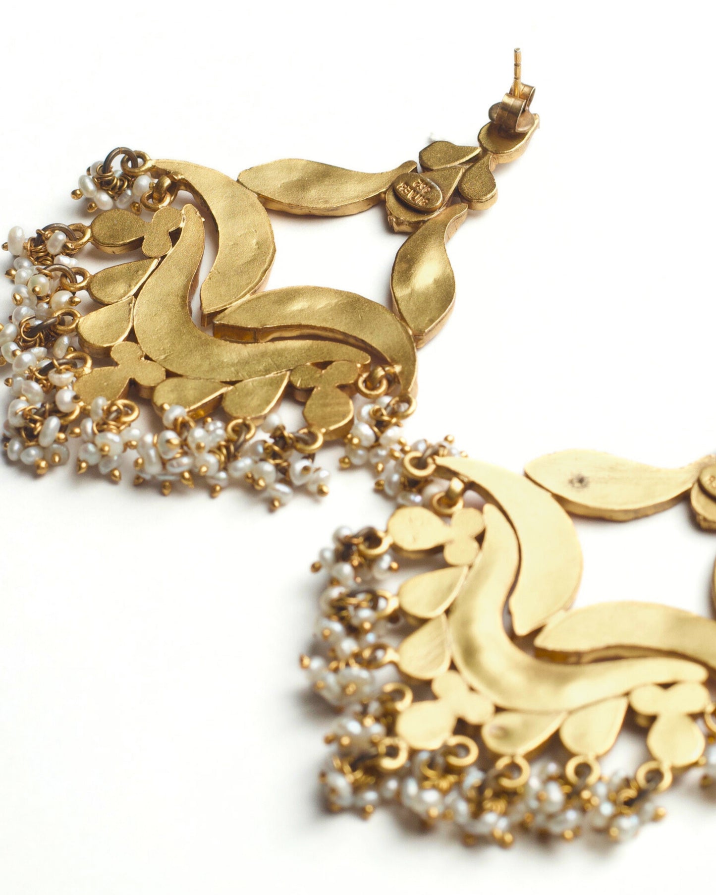Back of Crimson wave chandelier earrings in 925 silver with red enamel, pearls, and semi-precious stone drops