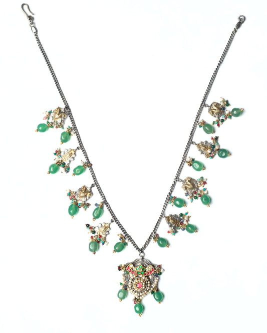 Leafspell Chain Necklace in 925 silver with green stone drops, kundan detailing, and central medallion