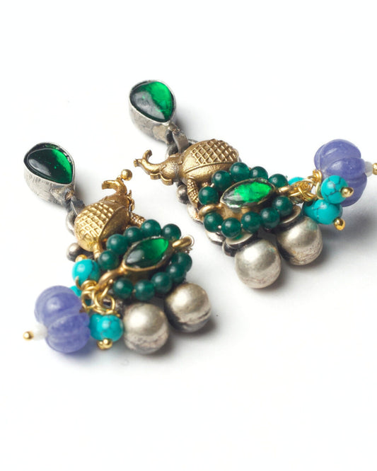 Zoomed Green caravan stud earrings in 925 silver with elephant motif, green stones, and bead detailing