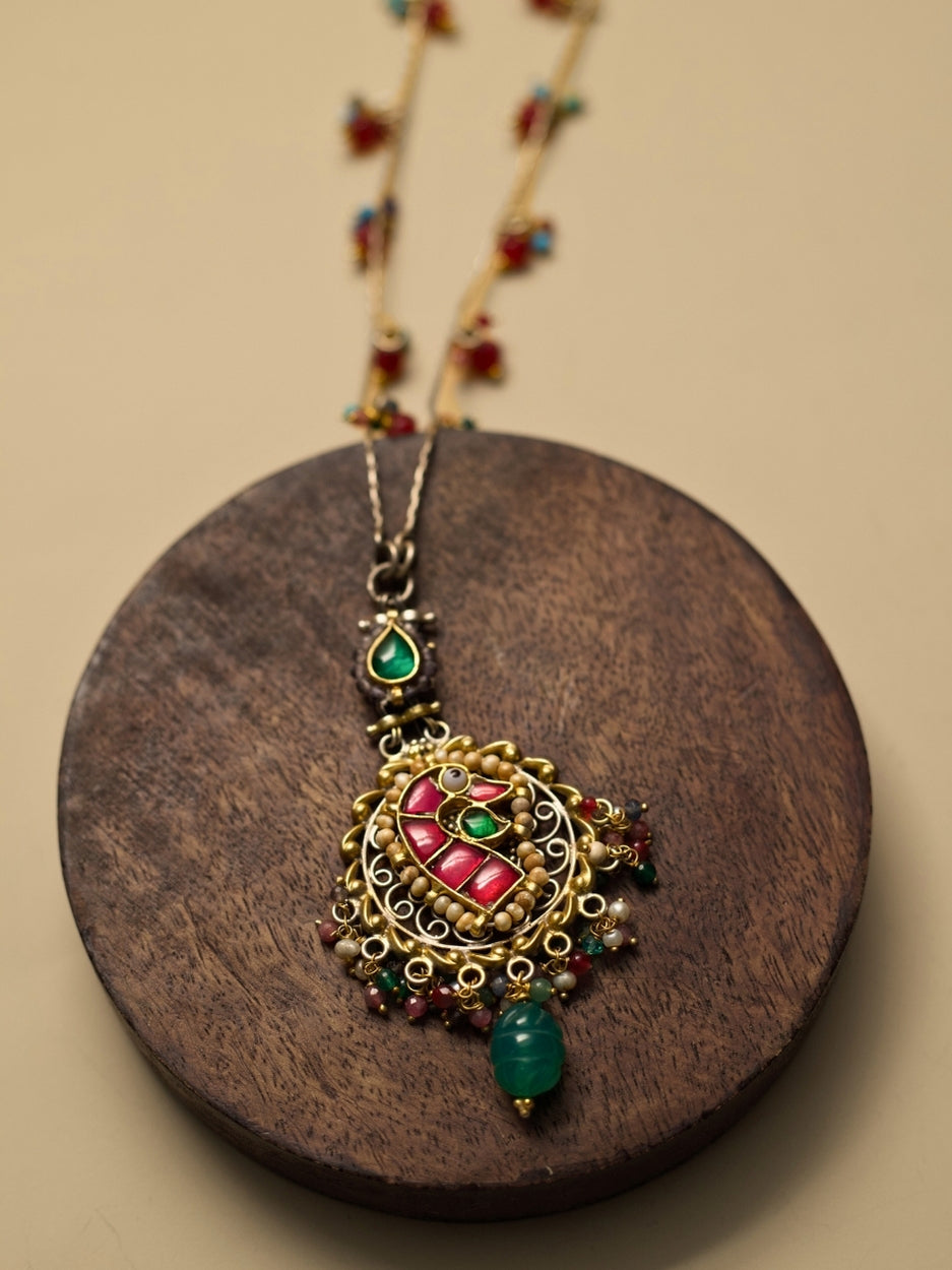Mrigjaal Pure Silver Necklace with Kundan Peacock Pendant and Stone Beaded Mala