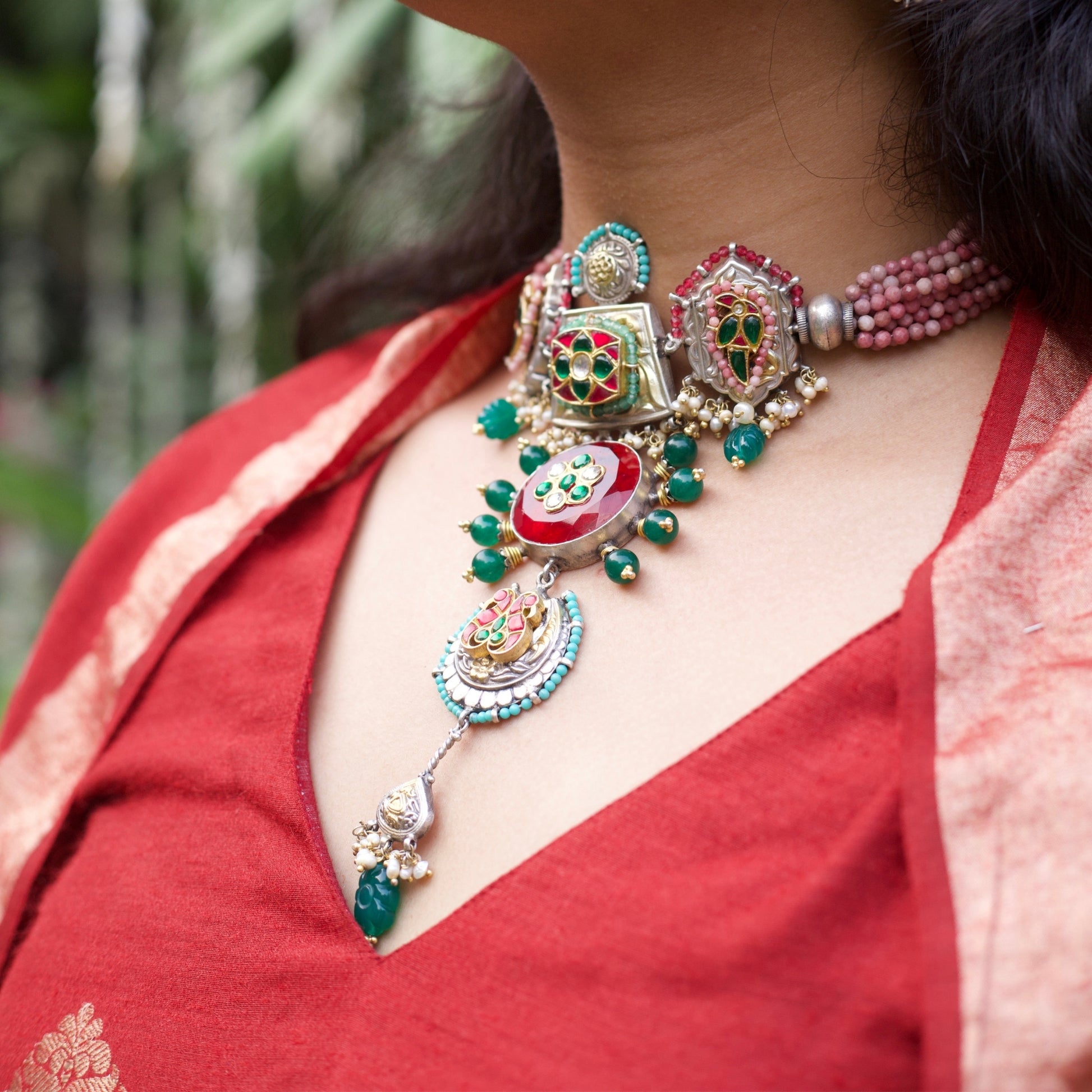 Naksa - Nandini's Fav Crown of Fire Choker, 92.5% Pure Silver Royal Gemstone Choker