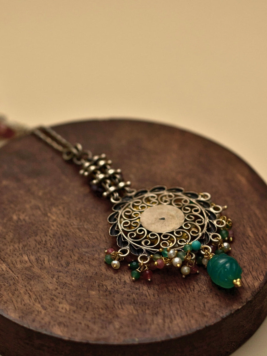 Mrigjaal Pure Silver Necklace with Kundan Peacock Pendant and Stone Beaded Mala
