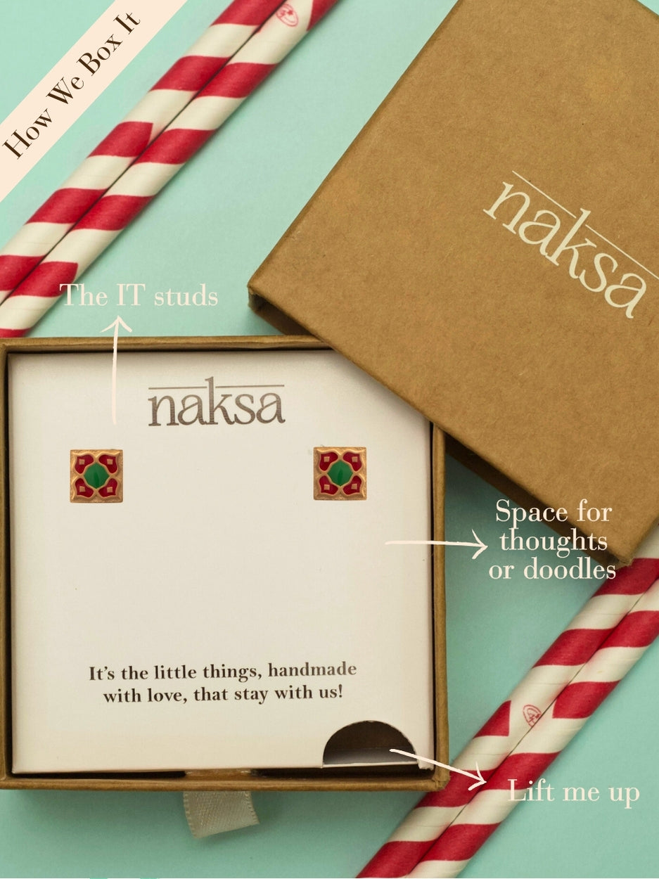 Guldaan Studs by Naksa—square-shaped gold-polished 925 silver earrings with red and green enamel floral tile-inspired design.