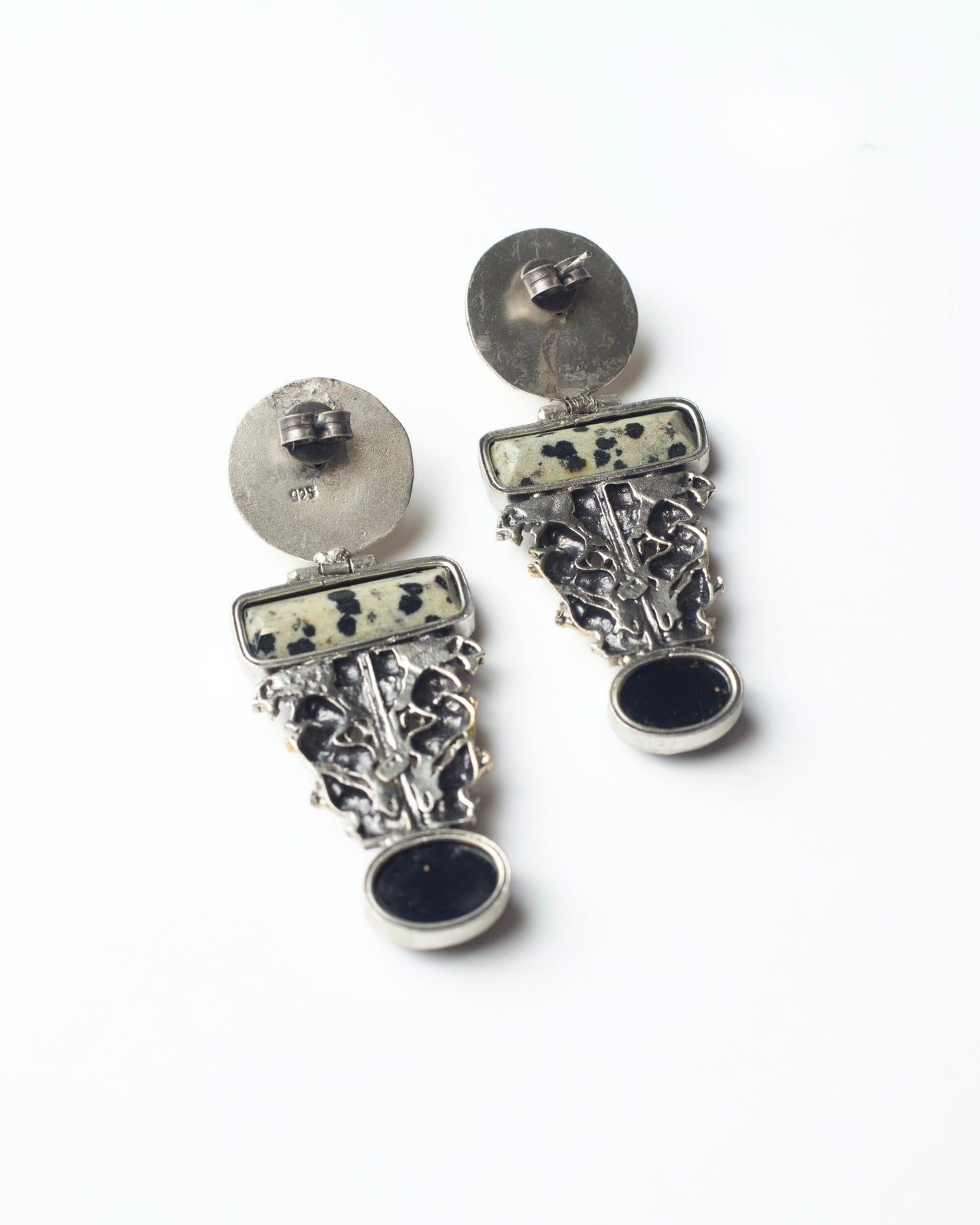 Oxidised silver statement earrings with dalmatian jasper bar by Naksa