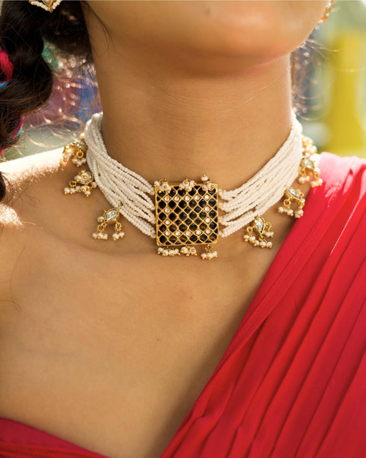 Multi-strand pearl choker in 925 silver with square lattice kundan centre and pearl drop accents