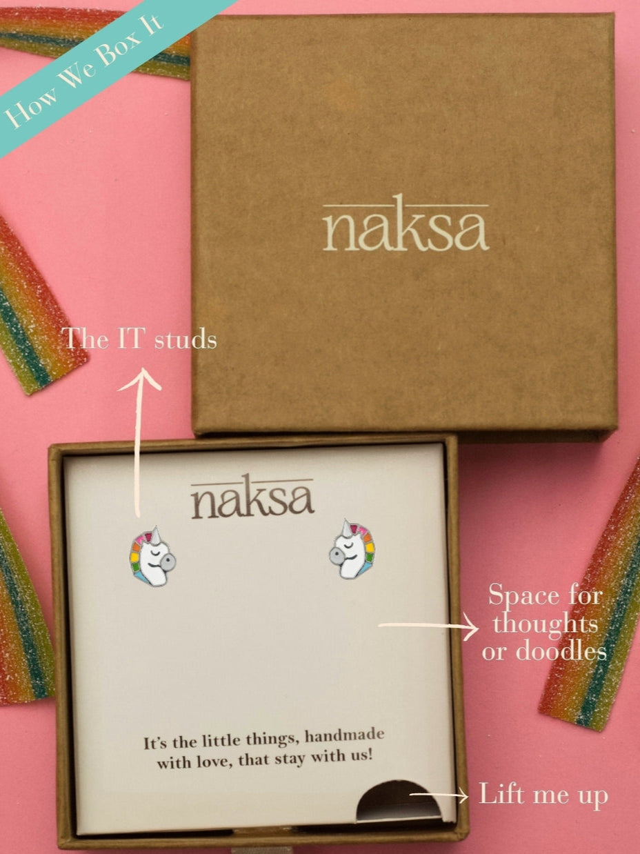 Gallop & Glow Studs by Naksaāunicorn-shaped 925 silver earrings hand-enameled with rainbow mane detailing, crafted for dreamers.