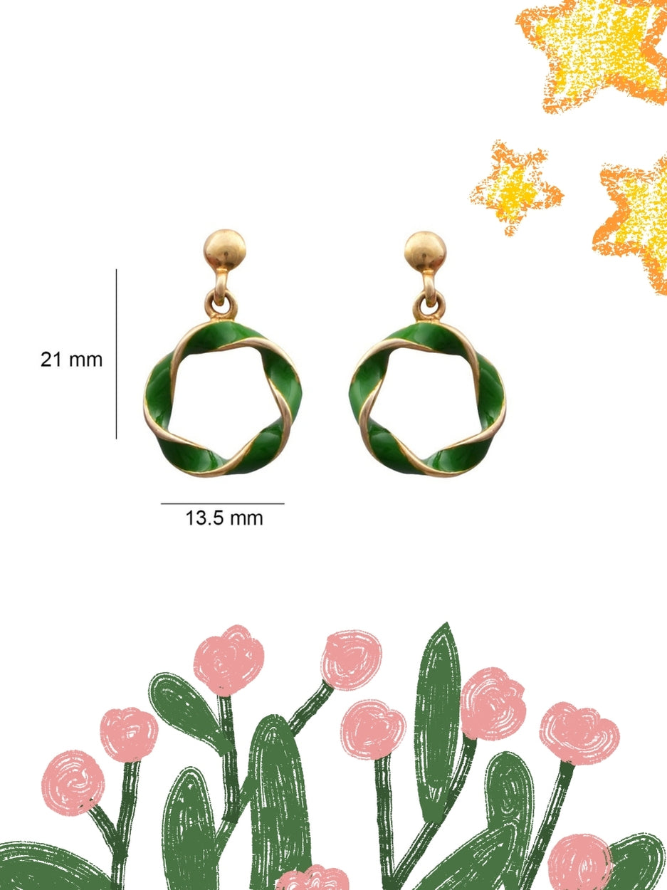 Sweet Loop Studs by Naksa—green hand-enameled 925 silver earrings with twisted loop design and gold polish.