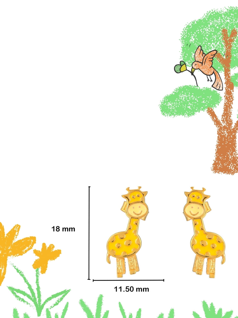 Giraffe Giggles Studs by Naksa—baby giraffe enamel earrings in gold-polished 925 silver with hand-detailed yellow finish.