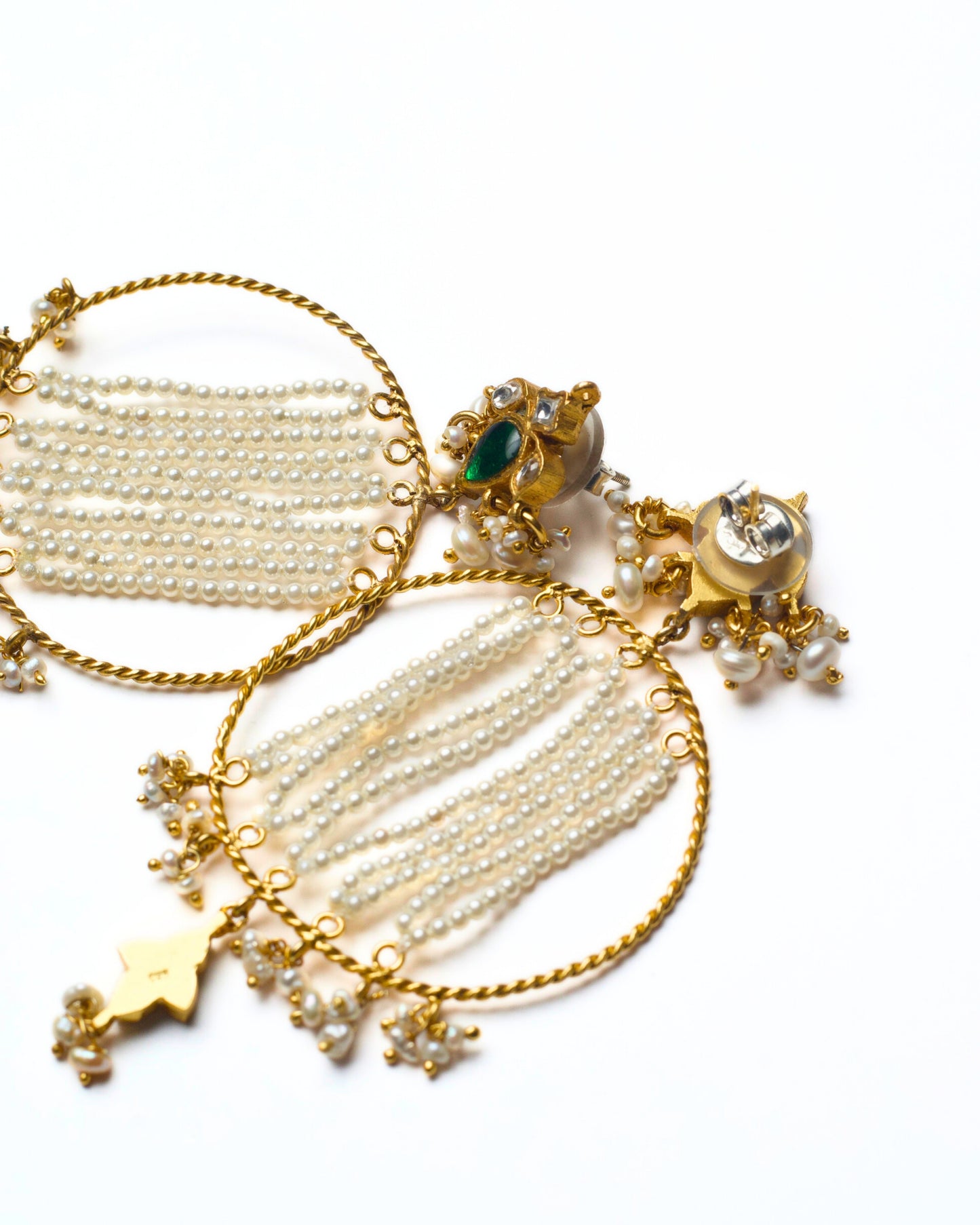 Back of Handcrafted 925 silver hoop earrings with pearl canopy strands and gold-polished detailing – Naksa fusion silver jewellery